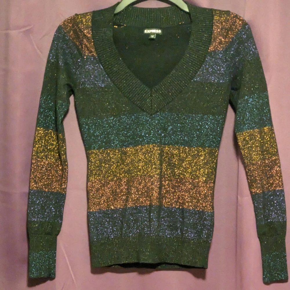 Express v-neck sparkly striped metallic sweater size xs